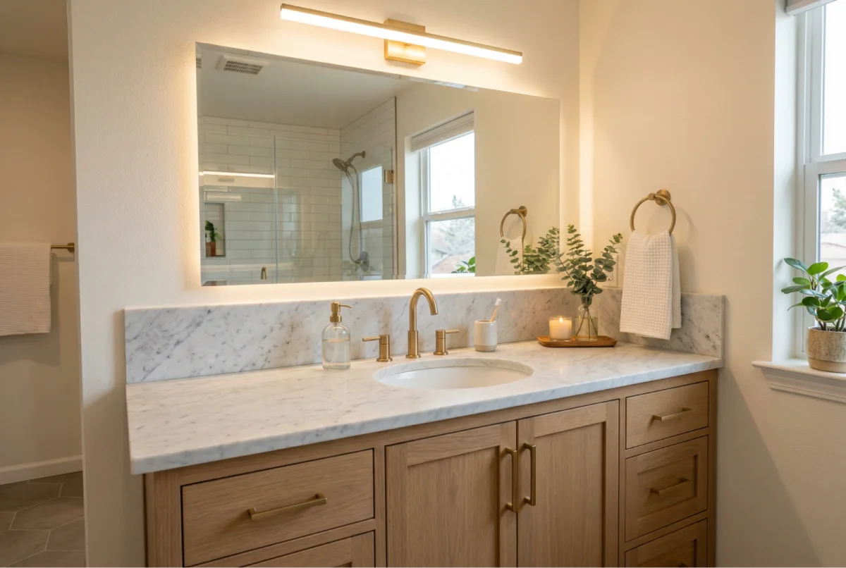 Remodeled Denver bathroom vanity with honed marble countertop and undermount sink