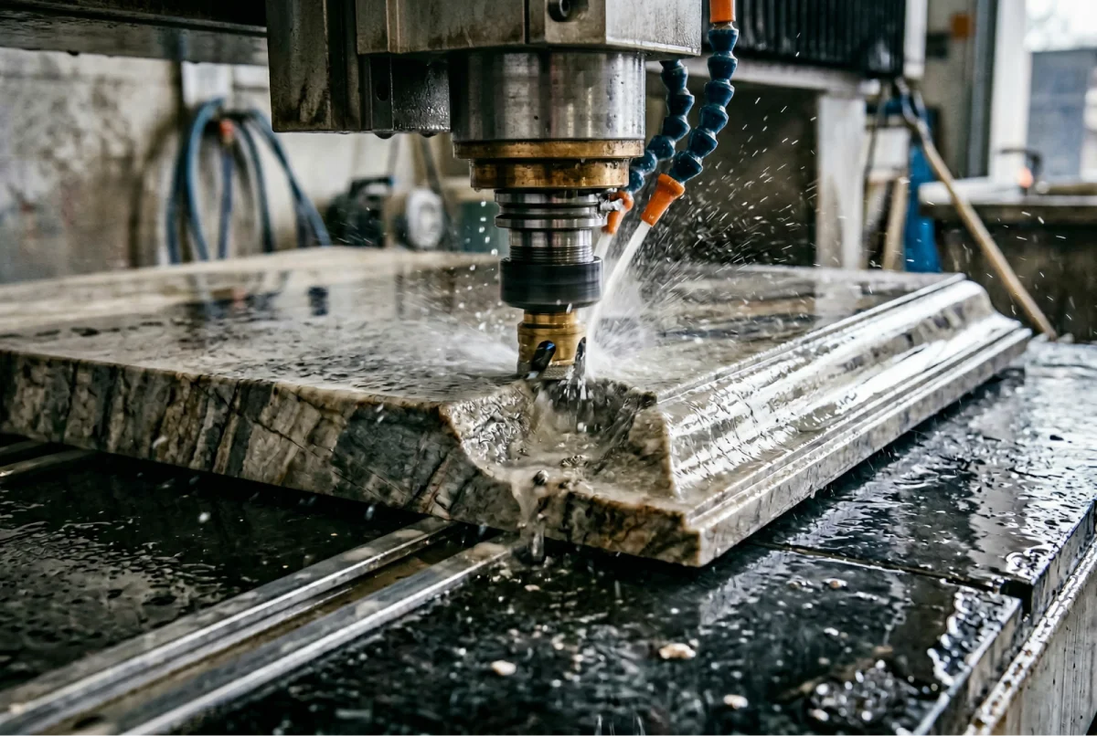 CNC router creating a decorative ogee edge profile on a quartzite countertop during stone fabrication