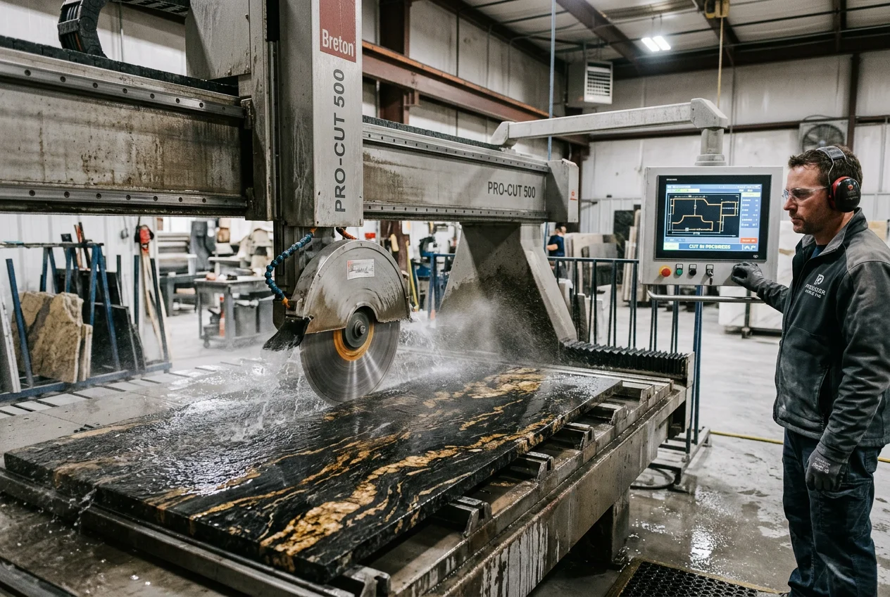 CNC bridge saw cutting an exotic granite slab during custom countertop fabrication in Denver