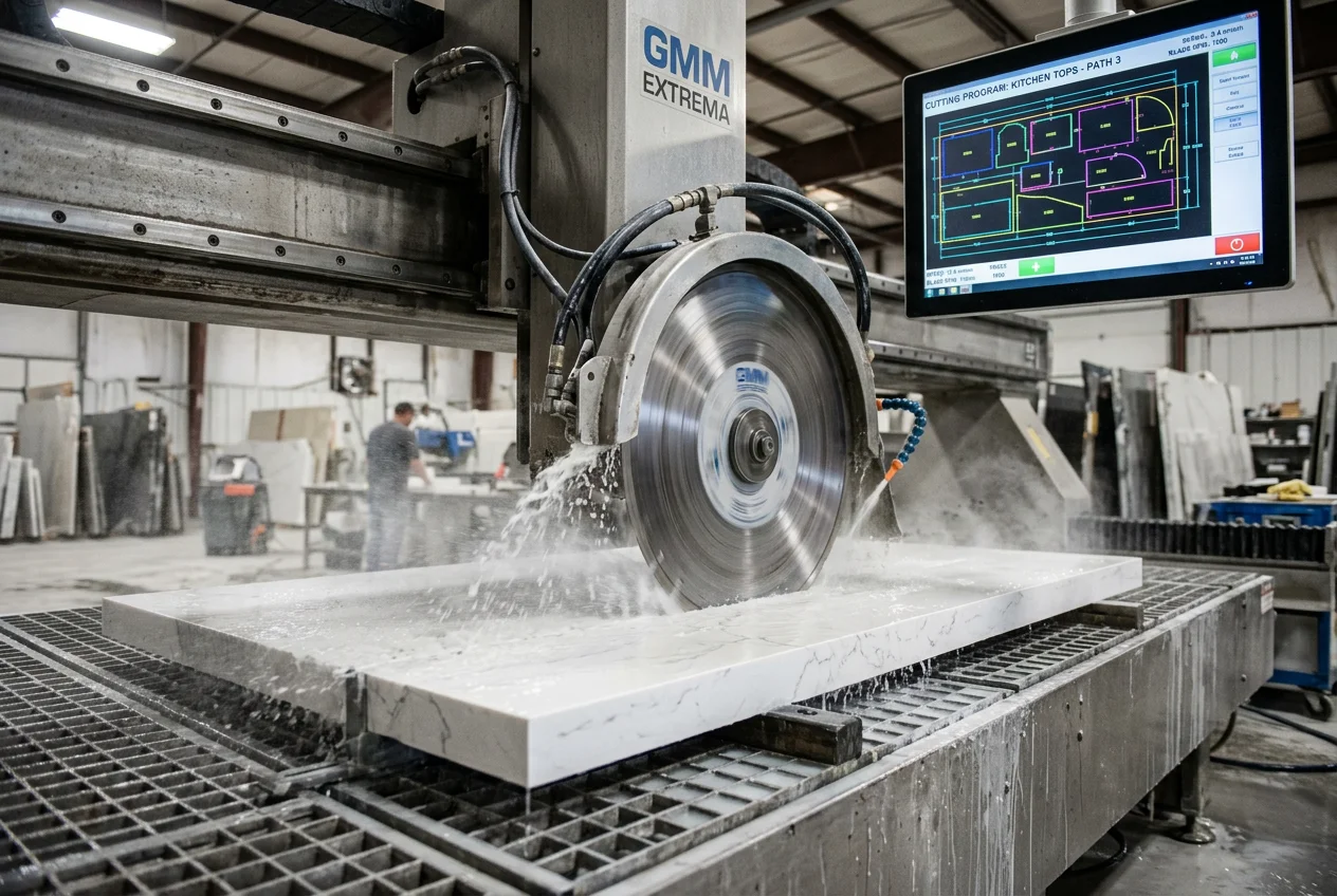 CNC bridge saw precision-cutting a quartz countertop slab during fabrication at a Denver shop