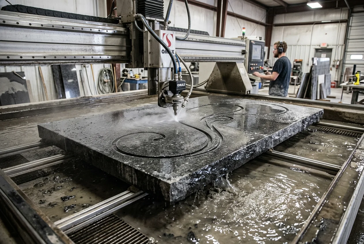 CNC waterjet cutting a custom curved granite piece for a commercial reception desk fabrication