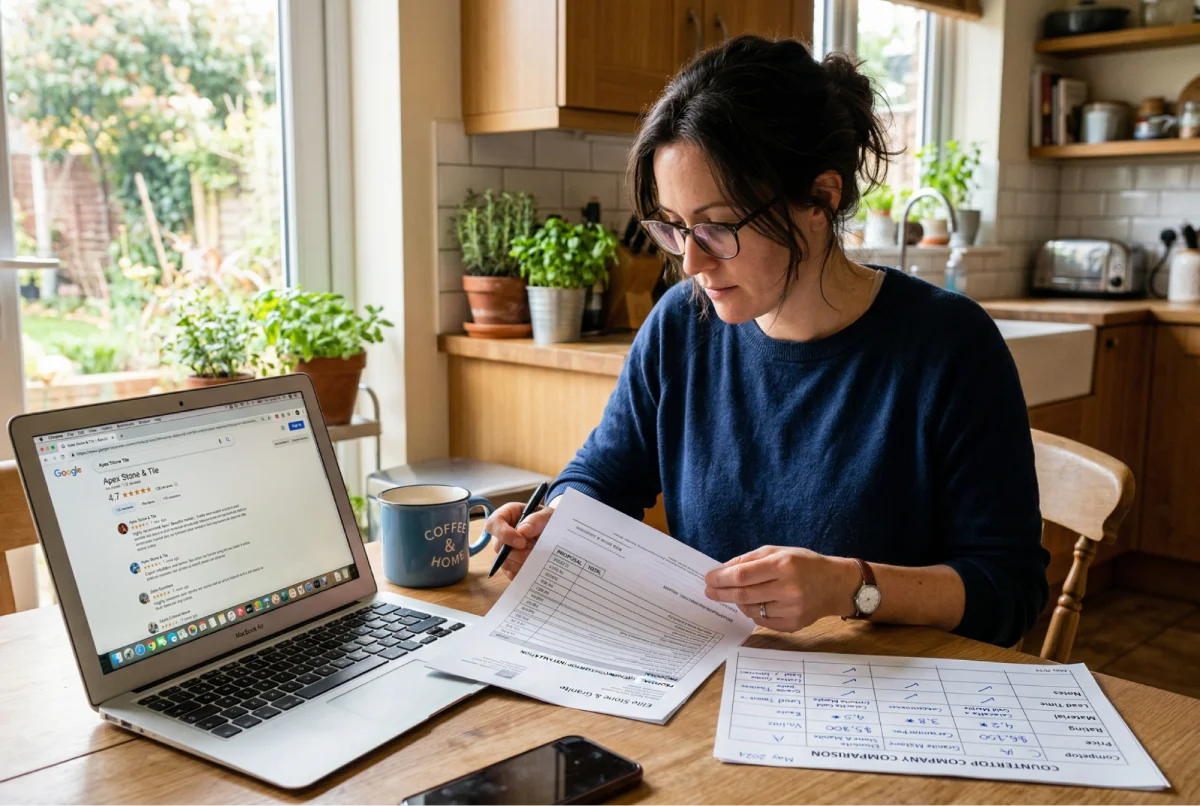 Denver homeowner comparing countertop company quotes and online reviews during the hiring decision
