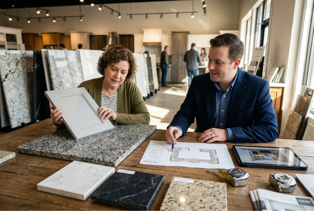 Denver homeowner consulting with GMD stone expert on kitchen countertop material selection for remodel