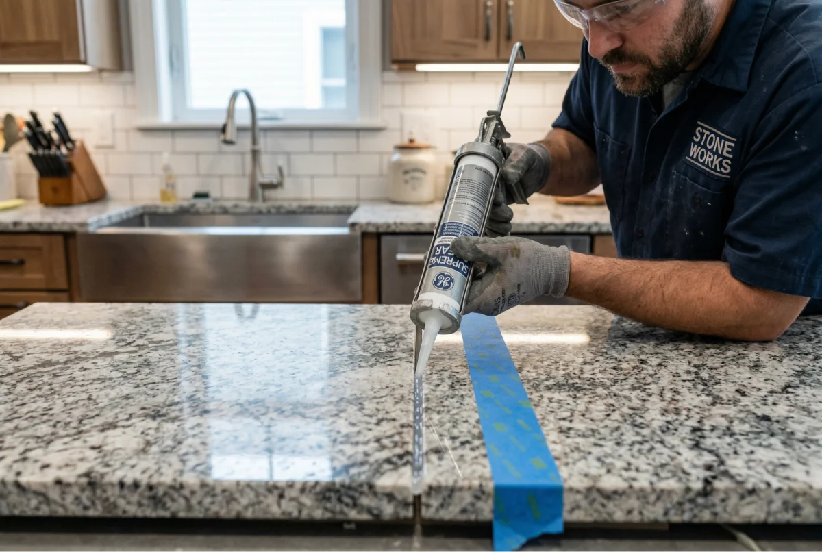 Stone installer applying adhesive along a countertop seam for secure bonding during installation