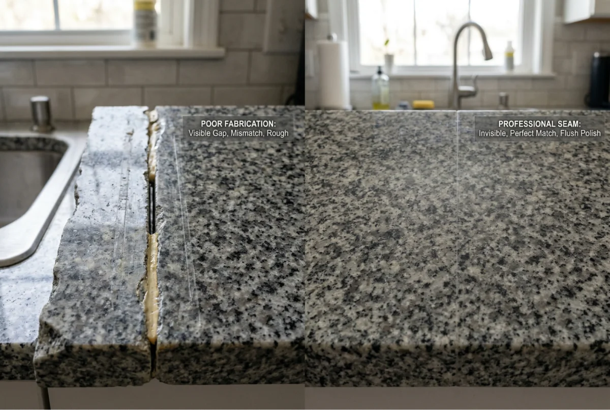 Comparison of a poor countertop seam versus a professionally fabricated invisible seam on granite