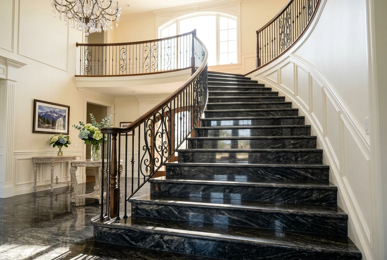 Custom fabricated granite stair treads and risers installed in a Denver home's grand foyer staircase