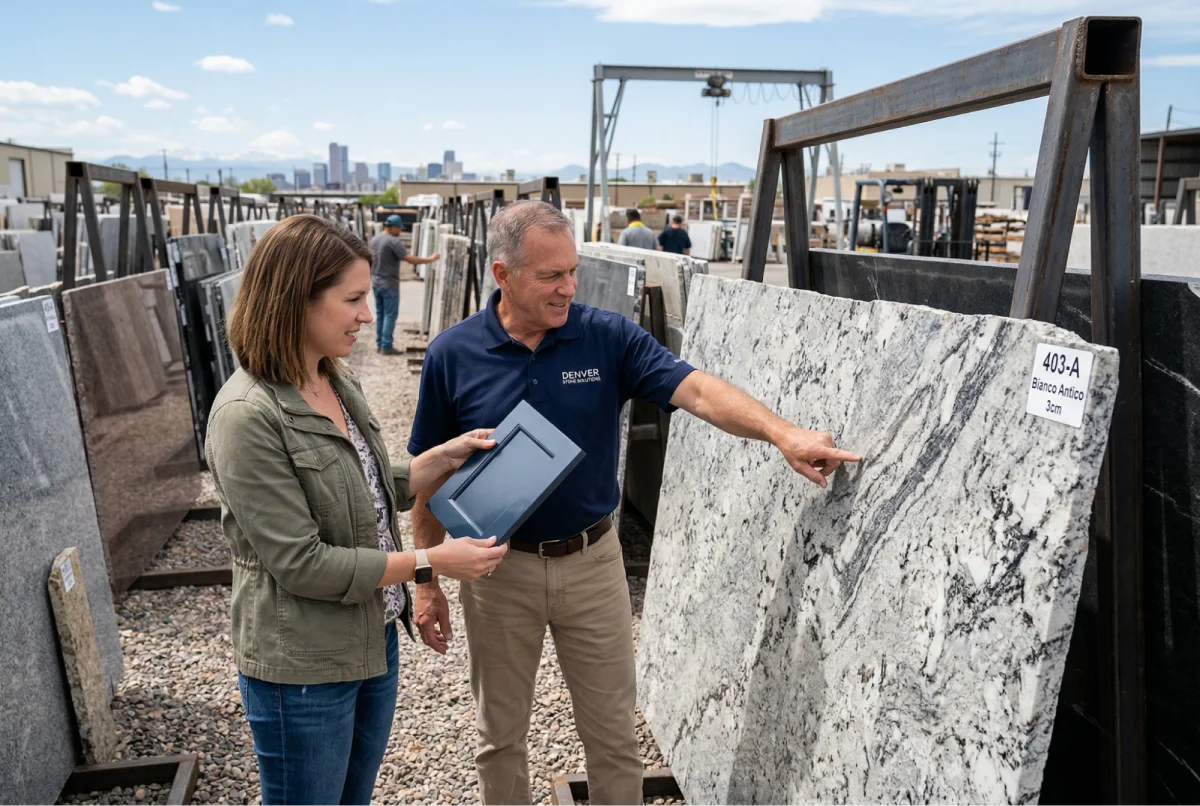 Denver stone consultant helping homeowner select the right countertop material at GMD's slab yard