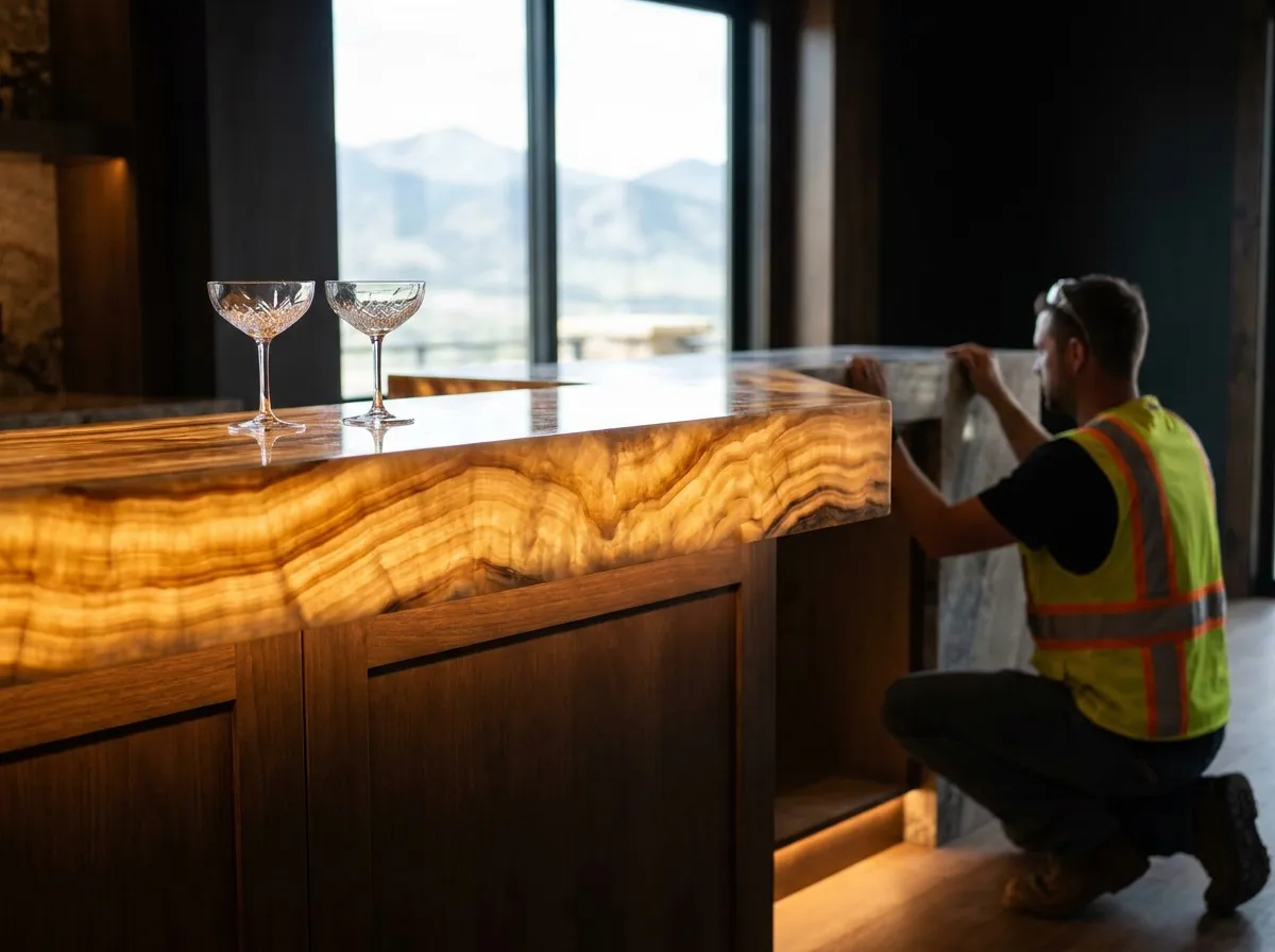 Backlit onyx bar top glowing with warm light that reveals the translucent stone's natural bands and patterns