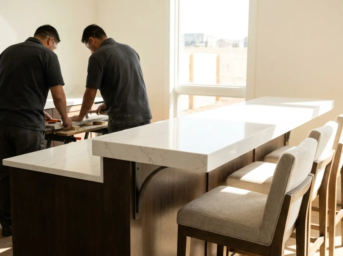Side view of a quartz bar top overhang with knee space and bar stools tucked comfortably underneath