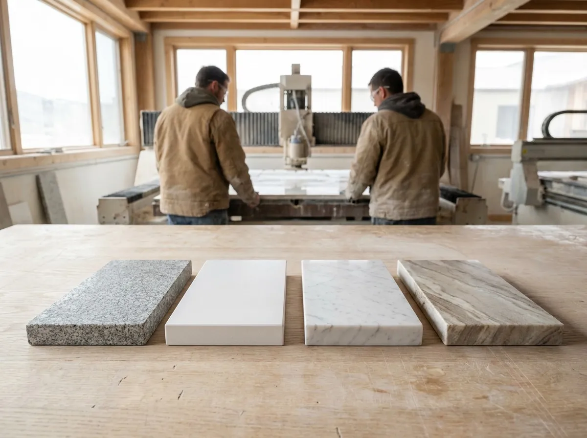 Four polished stone vanity samples in granite, quartz, marble and quartzite laid side by side on a light wood surface