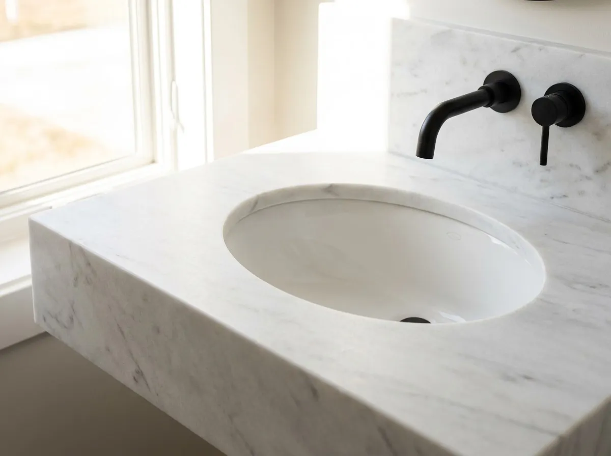 Close view of an undermount oval sink set into a honed marble vanity top with a smooth eased edge and wall-mounted faucet