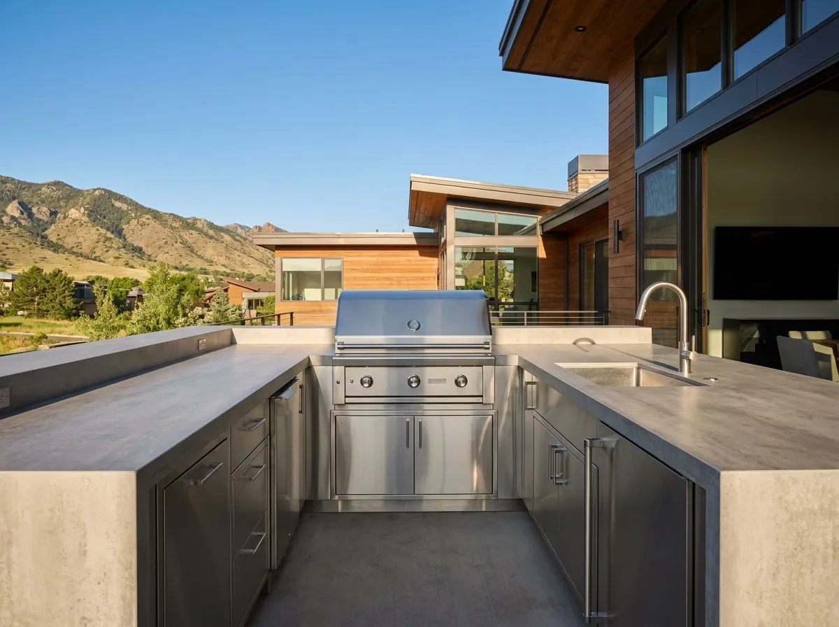 Contemporary Denver outdoor kitchen with a large-format concrete-look porcelain countertop and built-in grill.