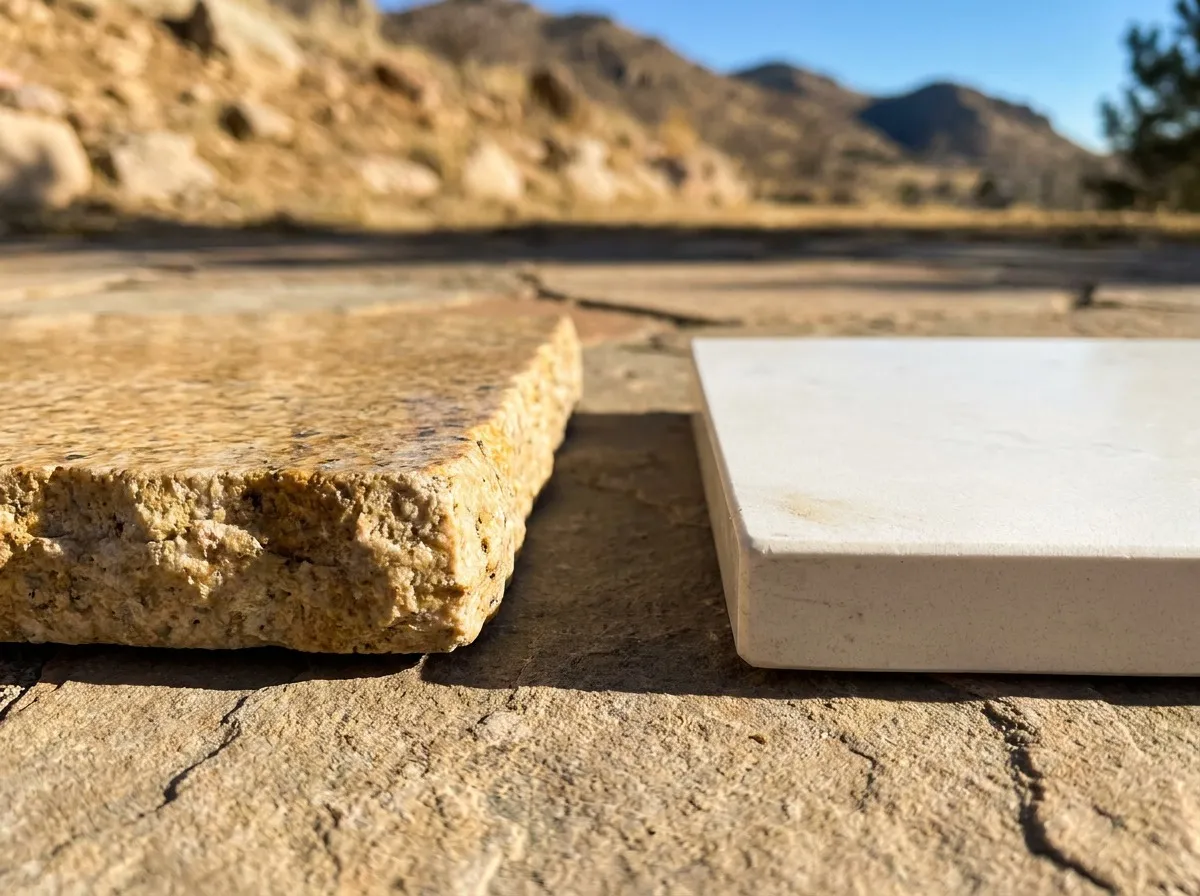 Close comparison of granite and quartz edge samples in direct Colorado sun illustrating outdoor material suitability.