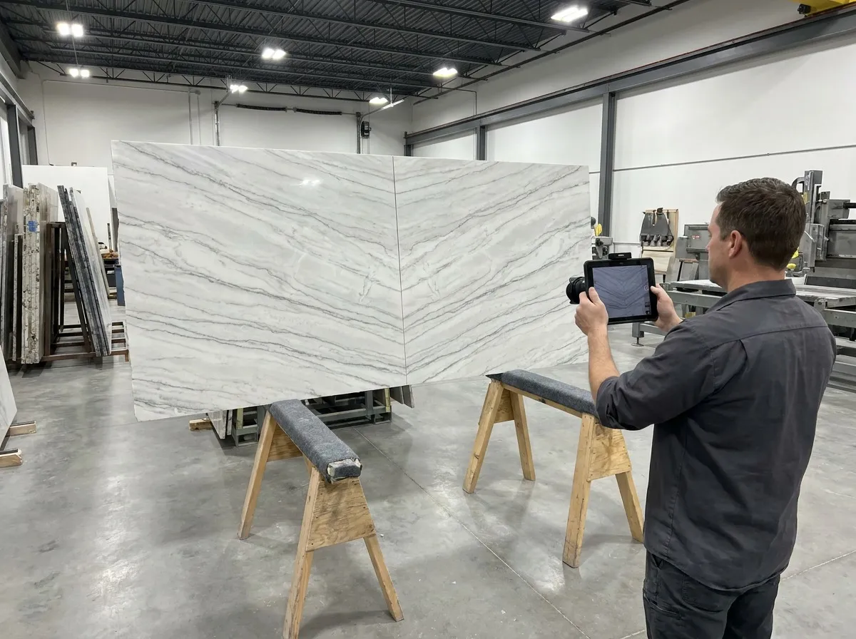 Dry-fit of bookmatched quartzite pieces on padded sawhorses at a Denver stone fabrication shop before final polishing and install.