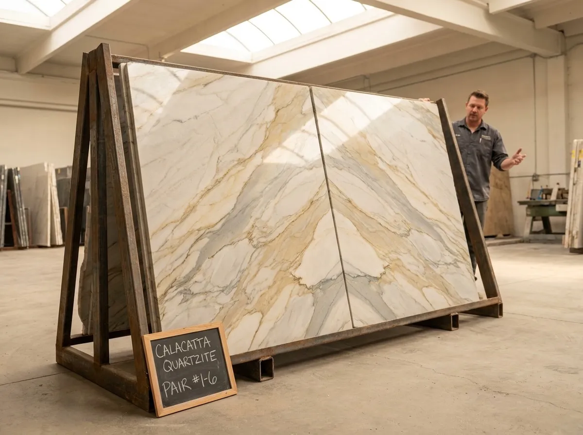 Two bookmatched Calacatta quartzite slabs displayed side by side in a Denver stone yard showing the mirrored veining pattern across the center seam.