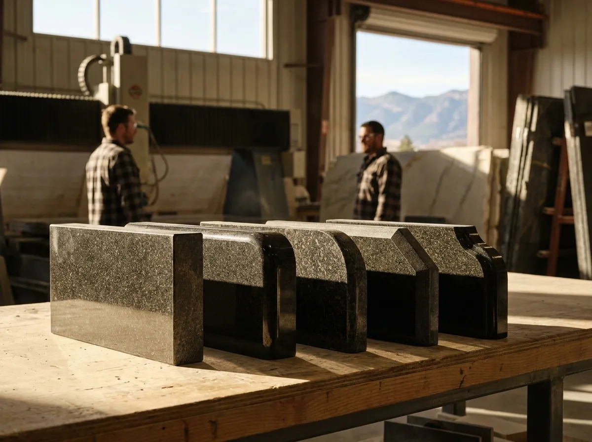 Row of granite edge profile samples showing eased, bullnose, half bullnose, bevel and ogee edges side by side