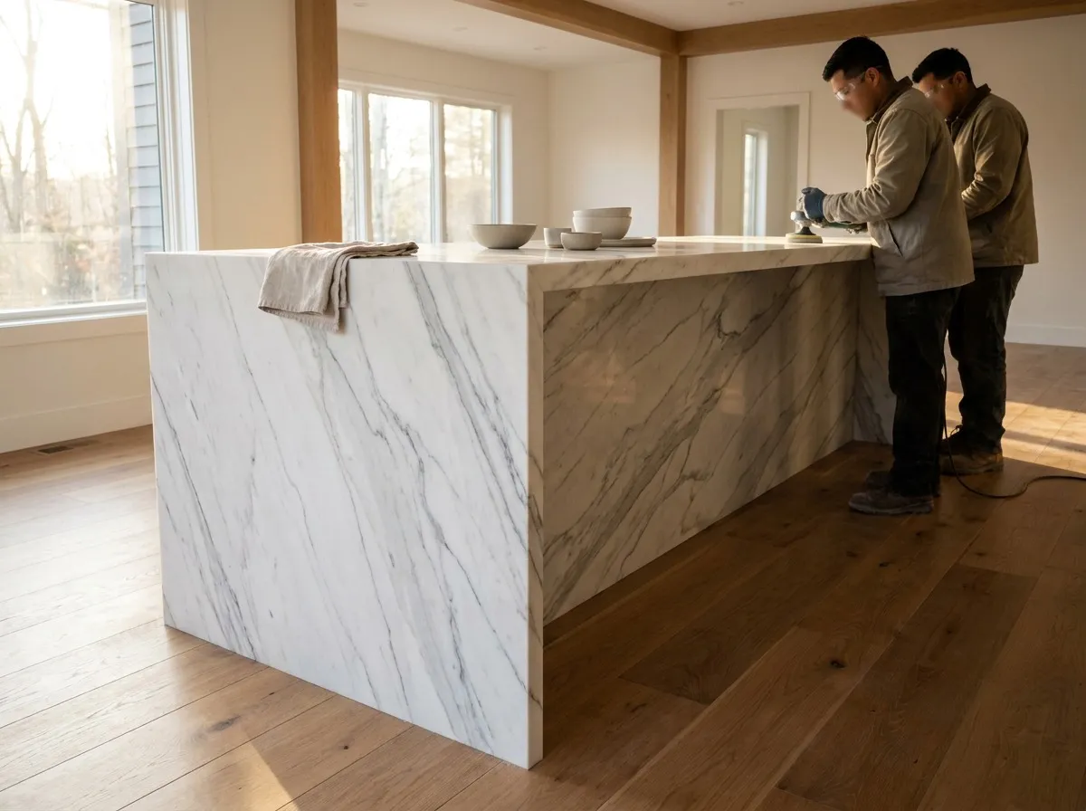 Waterfall edge marble island where the veining continues from the countertop down the side panel to the floor