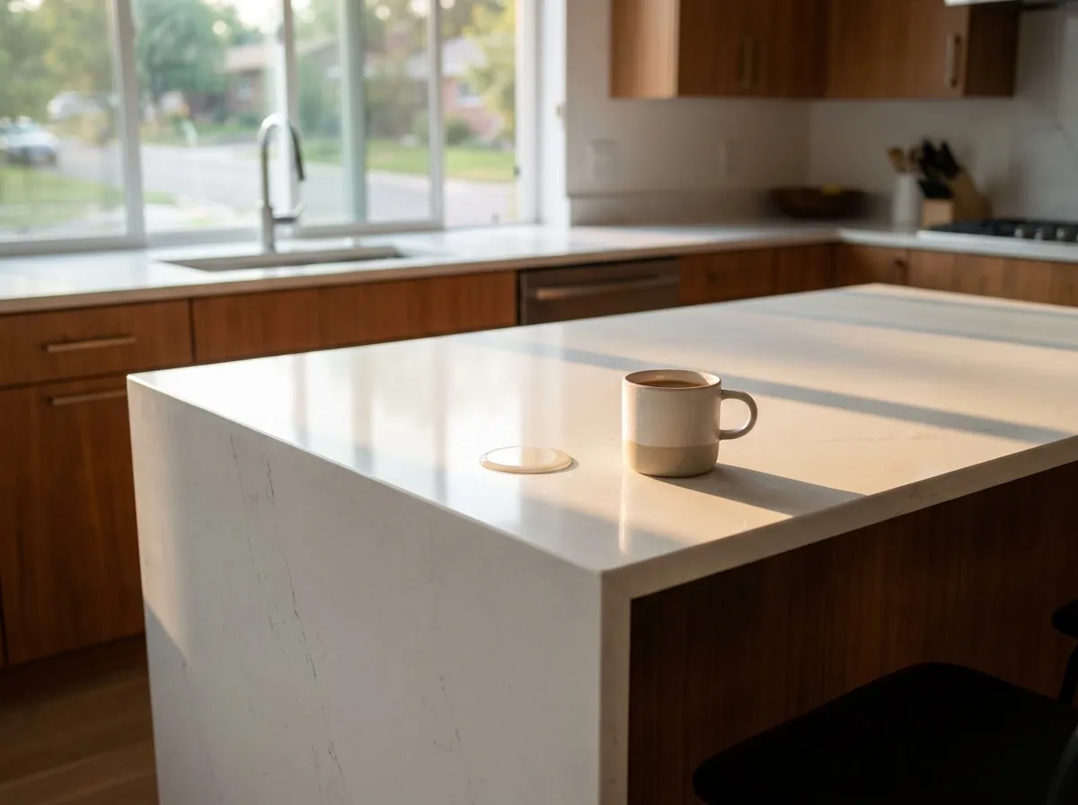 Contemporary Denver kitchen with a white quartz waterfall island showing water beading on the non-porous surface.