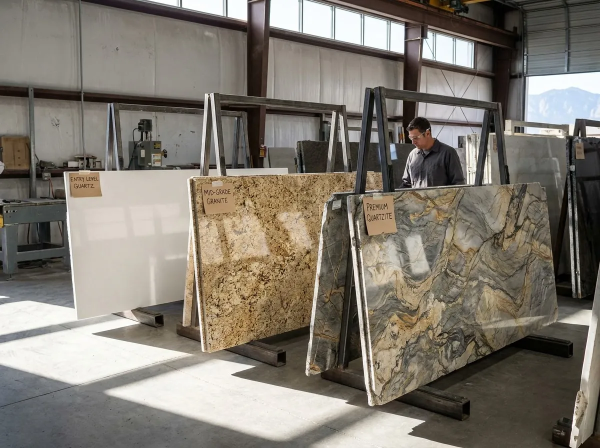 Three countertop slabs at entry, mid, and premium price tiers displayed side by side in a Denver stone yard.