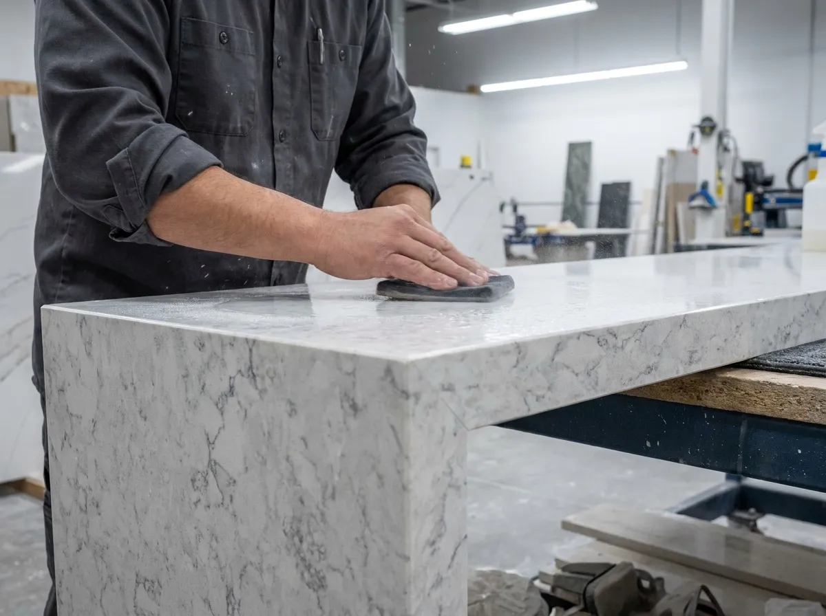 Fabricator hand-polishing a mitered waterfall edge on a quartz countertop in a Denver shop.