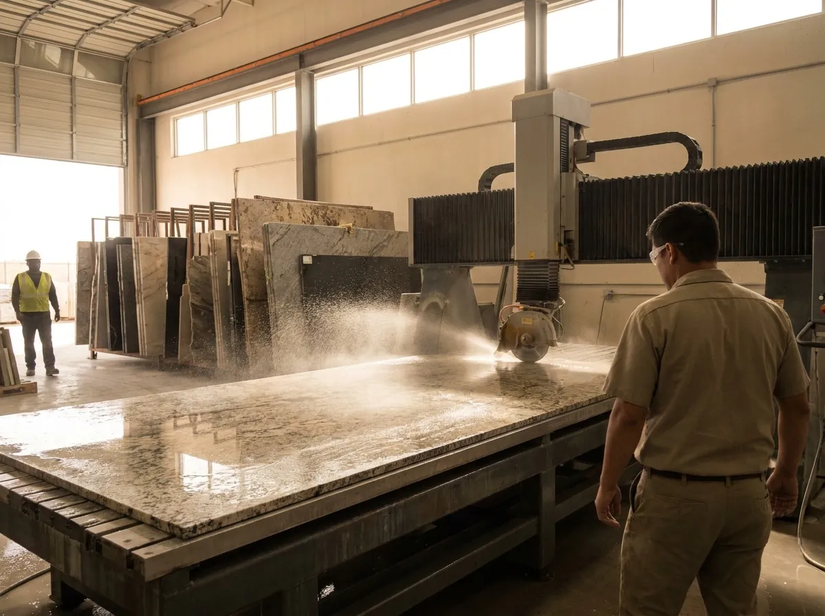 Large stone slab being cut on a CNC bridge saw inside a countertop fabrication shop with water spray visible