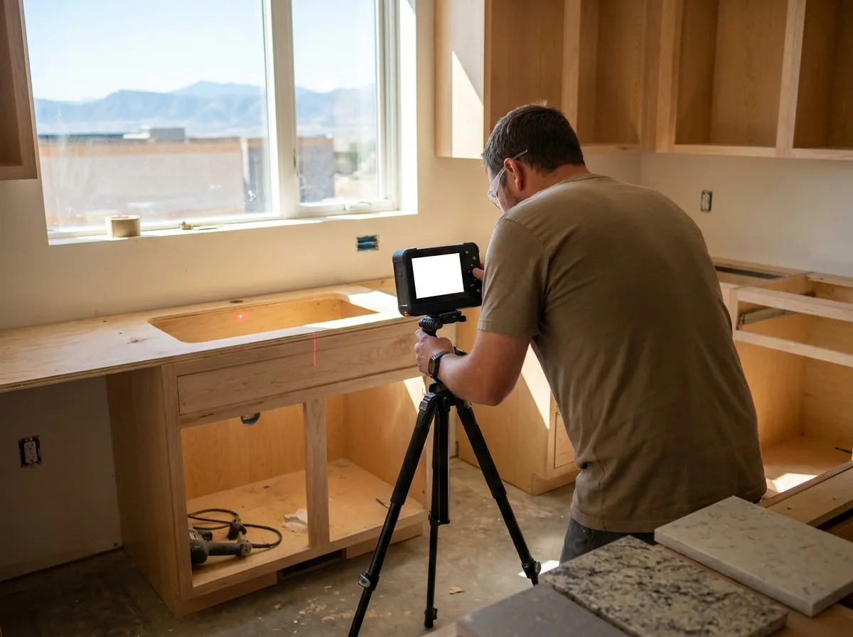 Technician using a digital laser templating device over installed base cabinets before countertop fabrication begins