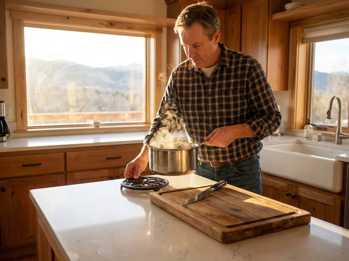 Homeowner using a trivet under a hot pot on a quartz countertop to preserve warranty coverage.
