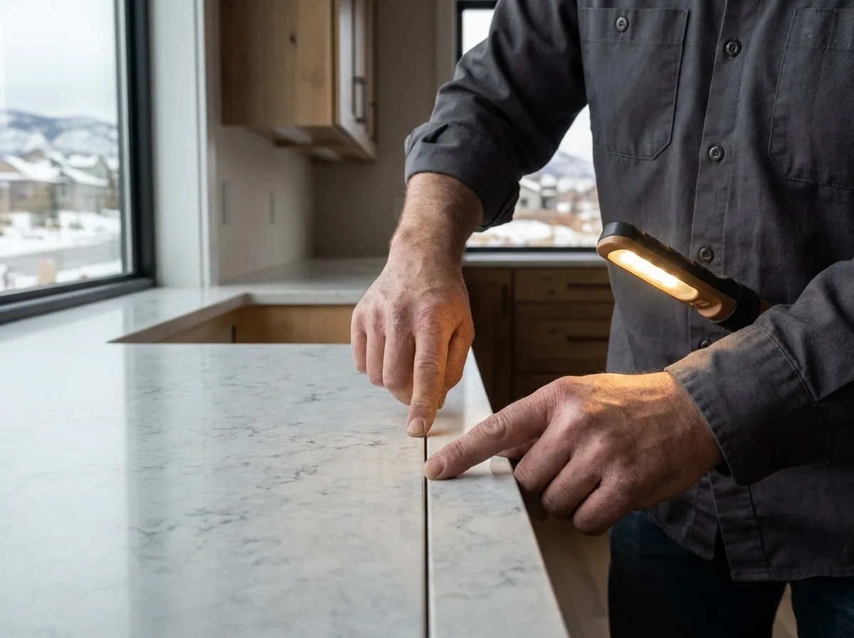 Fabricator inspecting a color-matched countertop seam for alignment during a workmanship quality check.