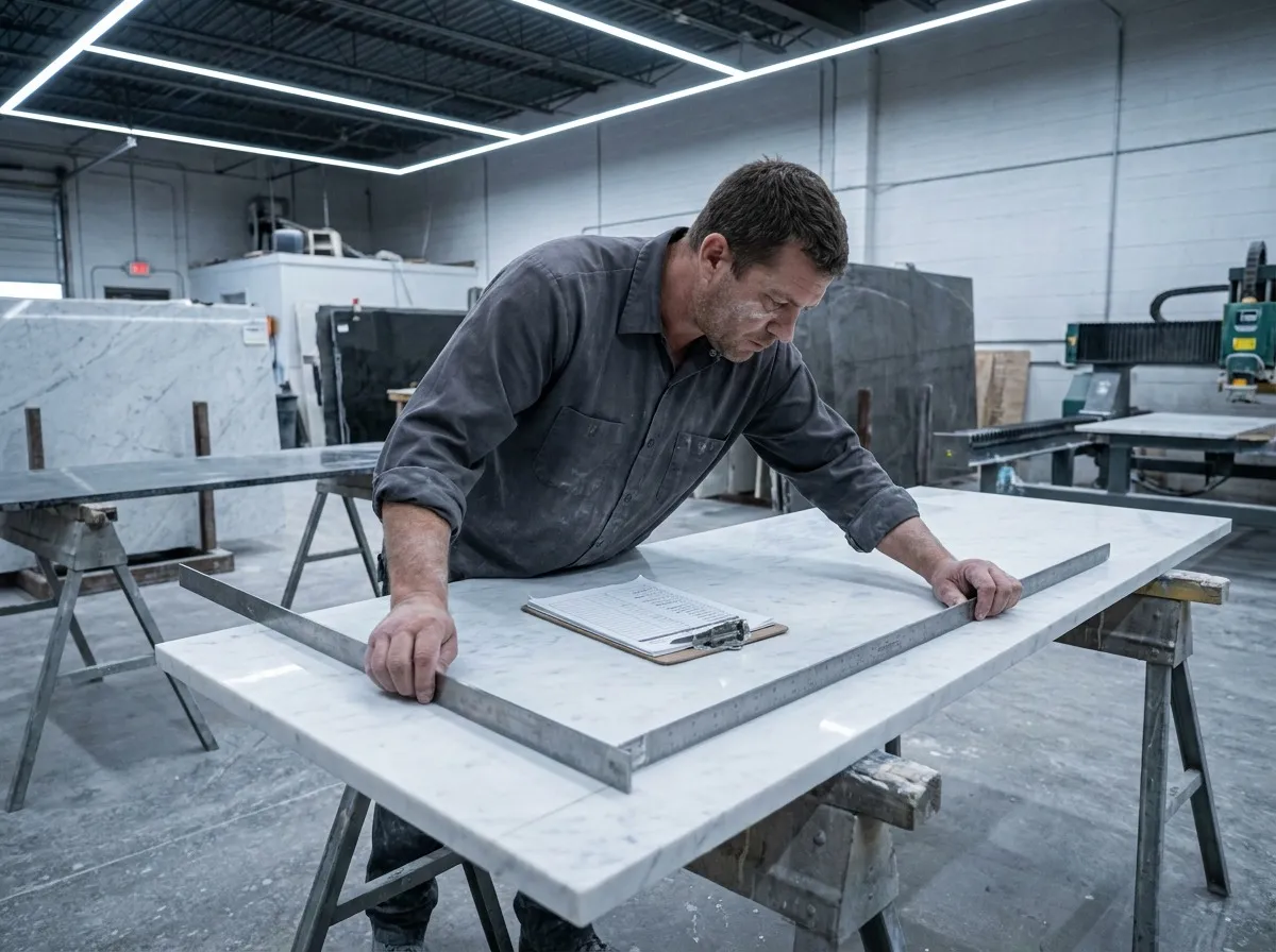 Fabricator running a documented quality control check on a freshly cut countertop piece in a Denver shop.