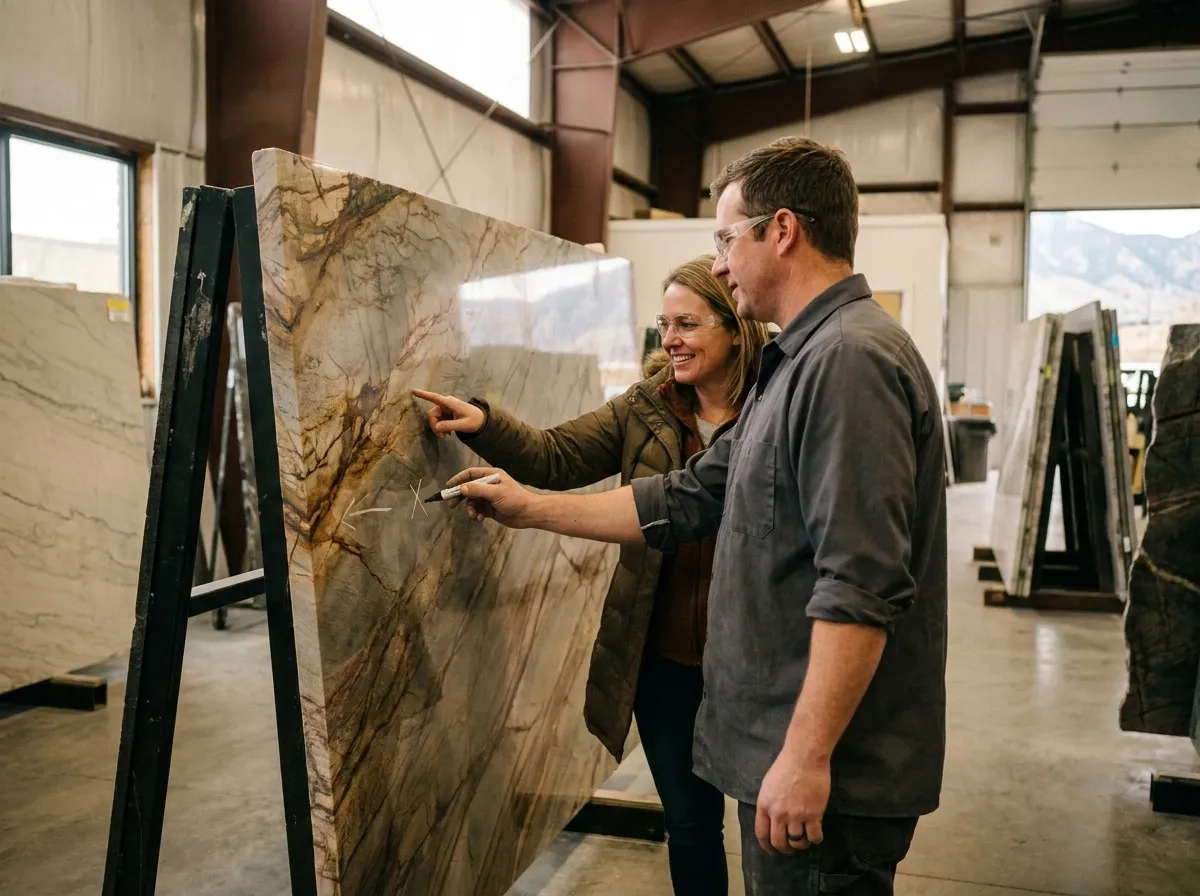 Fabricator marking a customer-approved slab to reserve it for a project, keeping selection under one company's control.