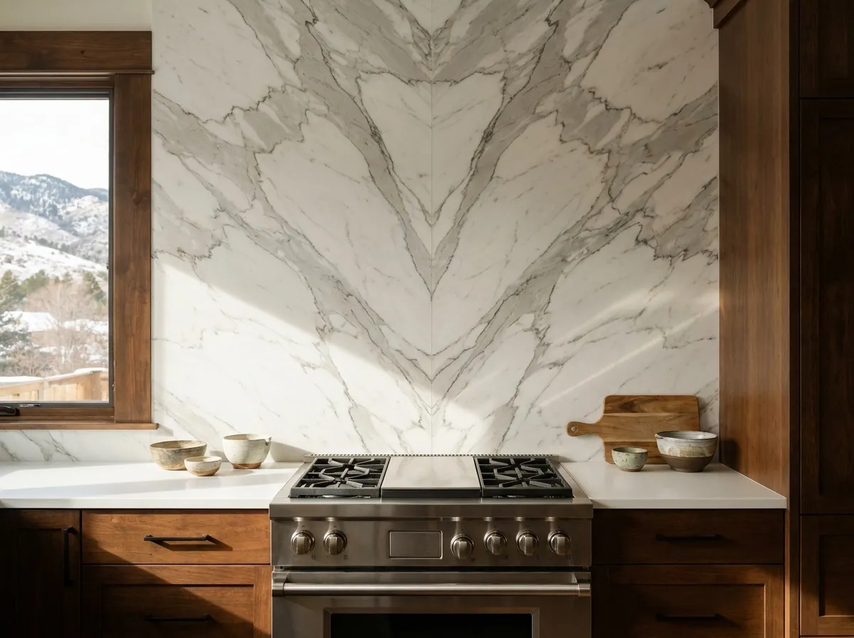 Floor-to-ceiling bookmatched backsplash with mirrored veining behind a Denver kitchen range.