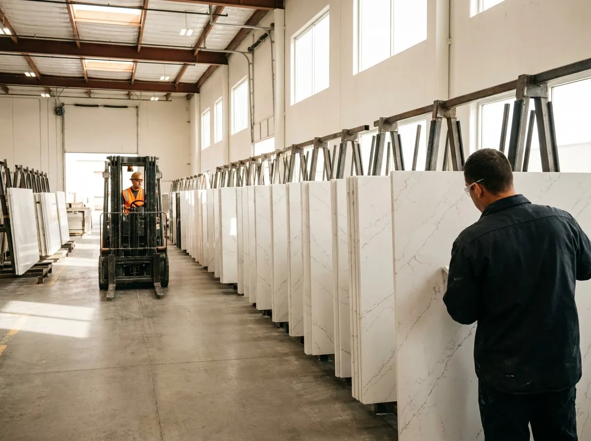 Matching quartz slabs lined up on A-frame racks in a stone warehouse, staged for a multi-unit countertop project