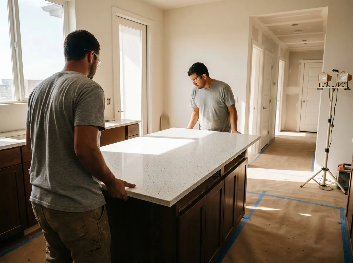 Crew installing a countertop in one of several identical unfinished apartment kitchens during new construction