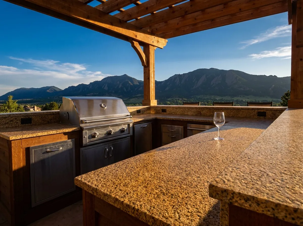 Colorado outdoor kitchen with natural granite countertops demonstrating the outdoor-rated performance natural stone delivers versus engineered stone.