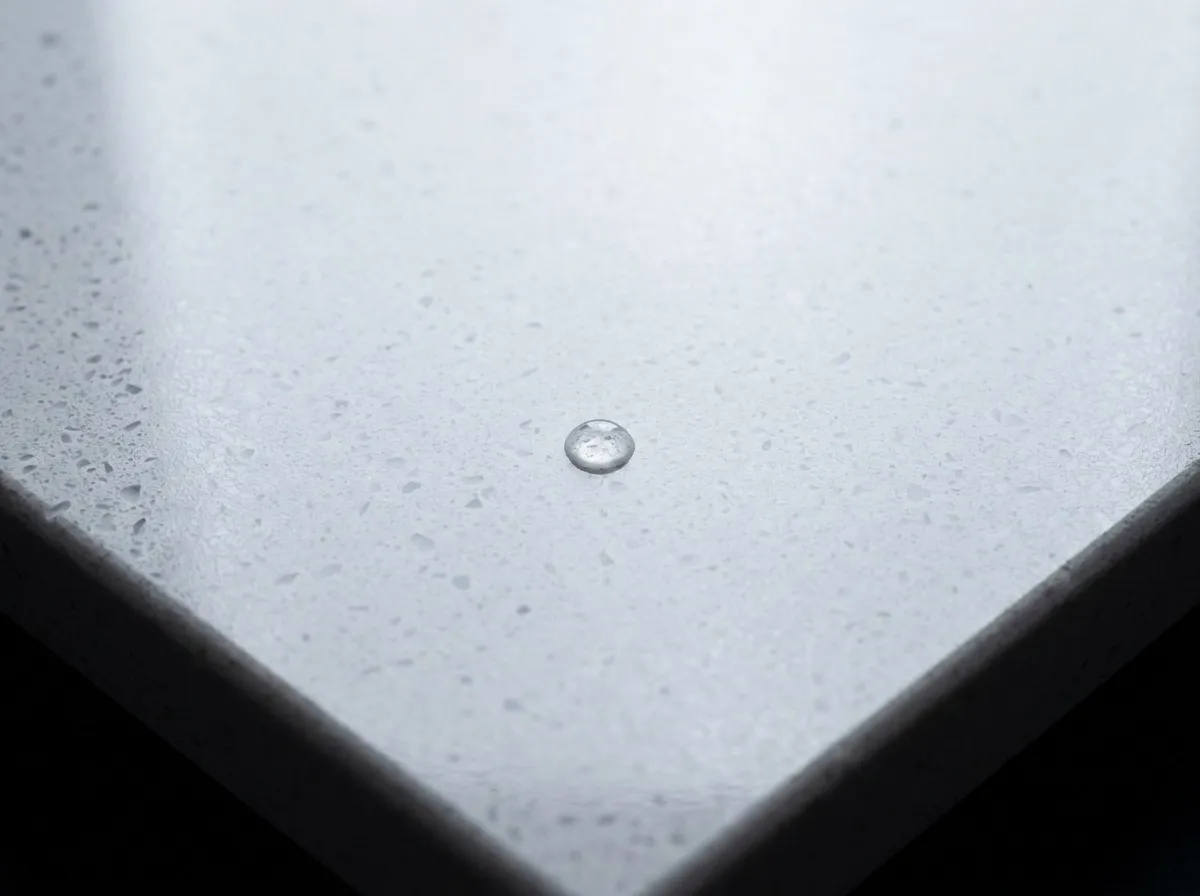 Macro detail of polished engineered quartz surface showing uniform aggregate pattern and non-porous water bead demonstration.
