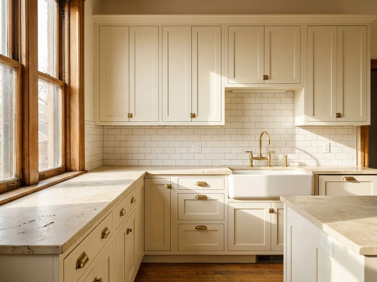 Historic Denver Victorian kitchen with cream limestone countertops showing patina and fossil inclusions in period-authentic restoration.