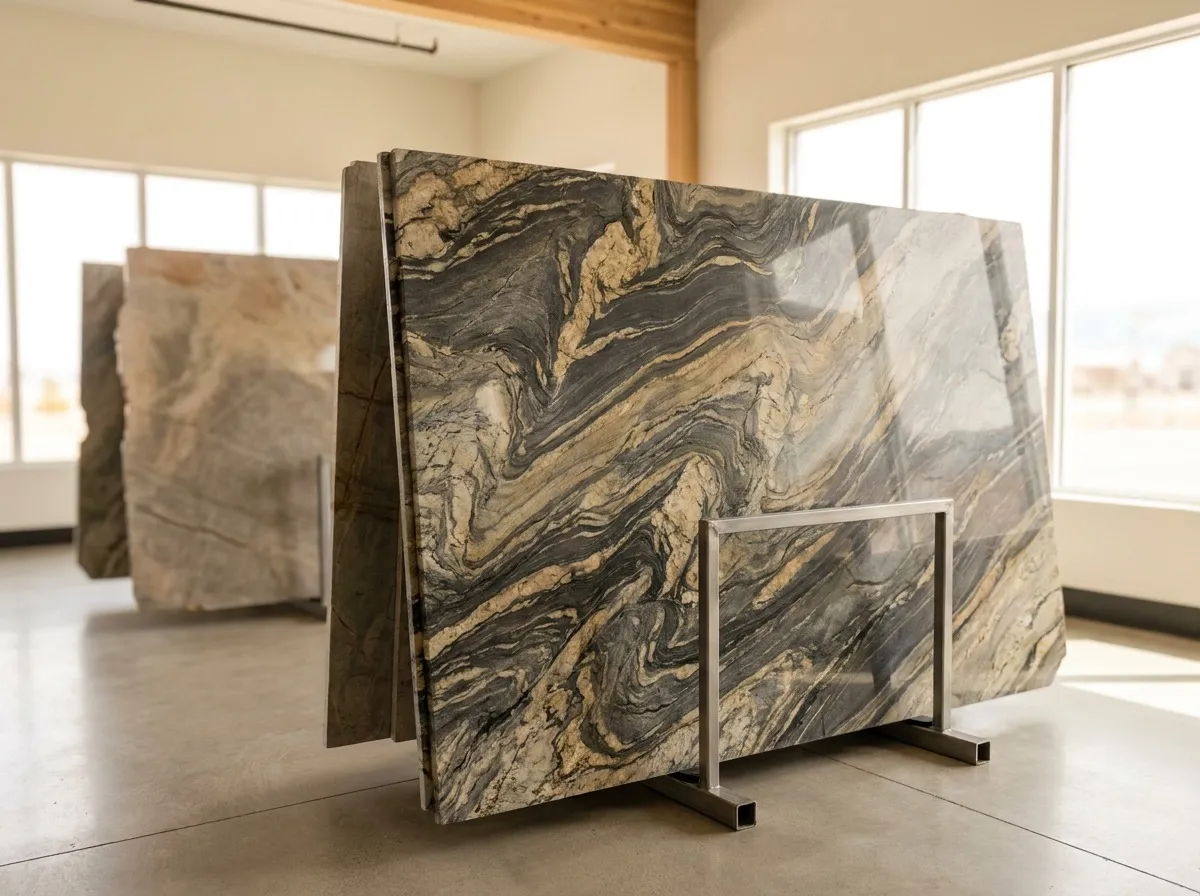 Full stone slab with bold, sweeping veining standing upright in a well-lit stone showroom for homeowners to view