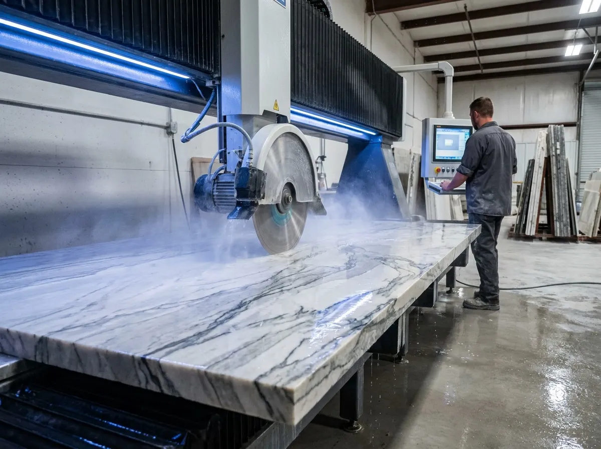 CNC bridge saw cutting a quartzite slab at a Denver stone fabrication shop during the standard 7 to 14 day fabrication phase.