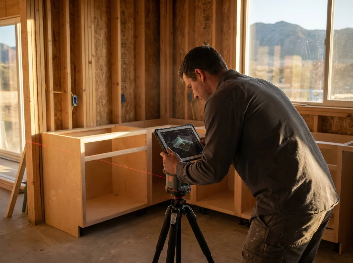 Laser templating unit measuring a Denver kitchen with a stone specialist reviewing the live 3D wireframe on a tablet.
