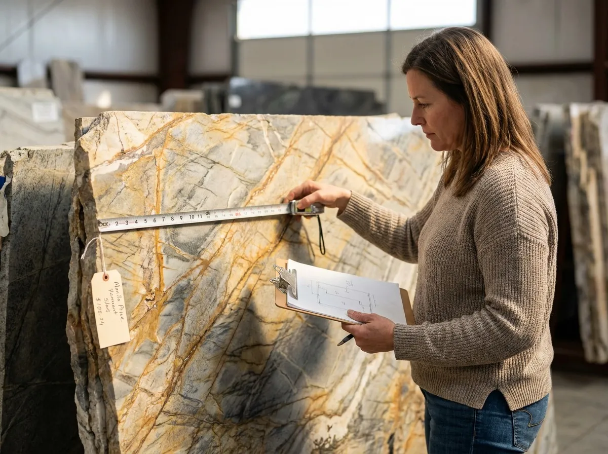 Denver homeowner measuring a stone remnant with a measuring tape and project sketch during remnant yard shopping.