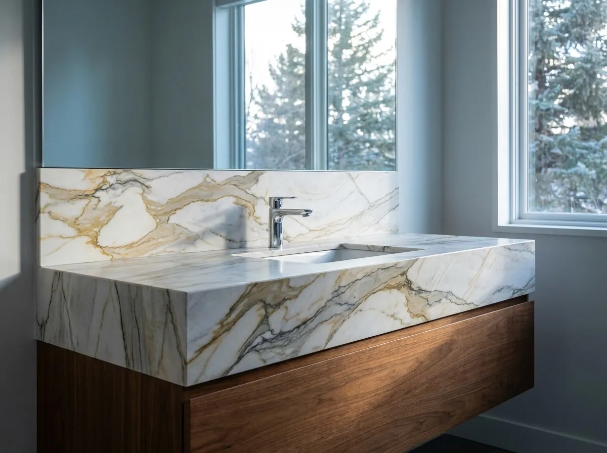 Denver primary bathroom vanity with a Calacatta quartzite remnant countertop demonstrating premium stone at reduced cost.
