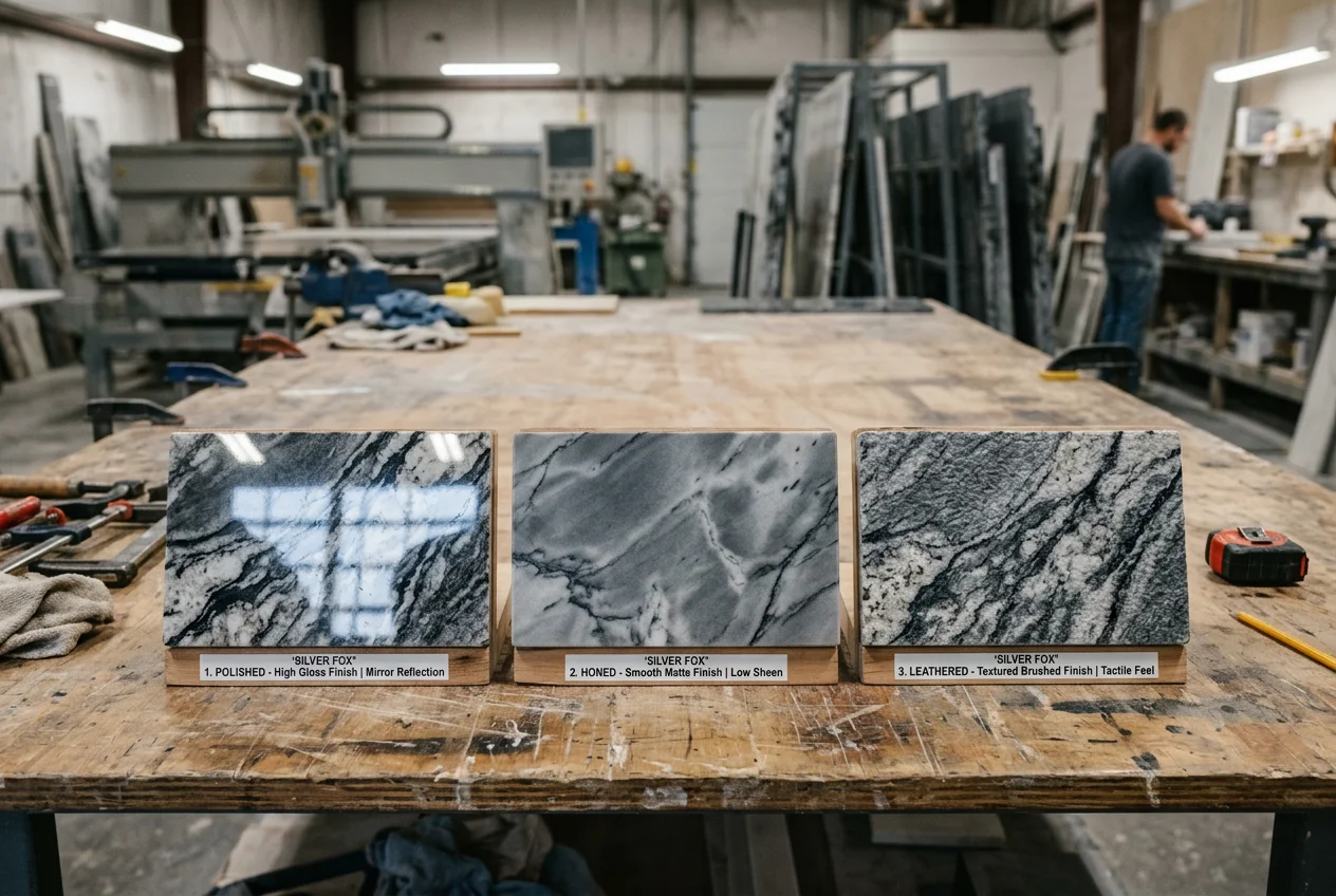 Three granite countertop finish types — polished, honed, and leathered — shown side by side on the same stone