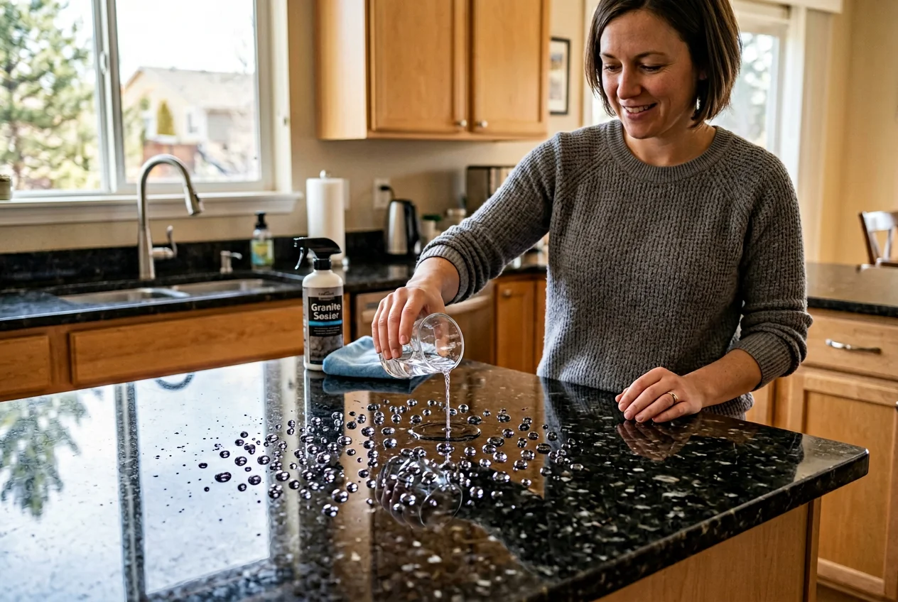 Water bead test on sealed granite countertop demonstrating effective sealer protection in a Denver kitchen