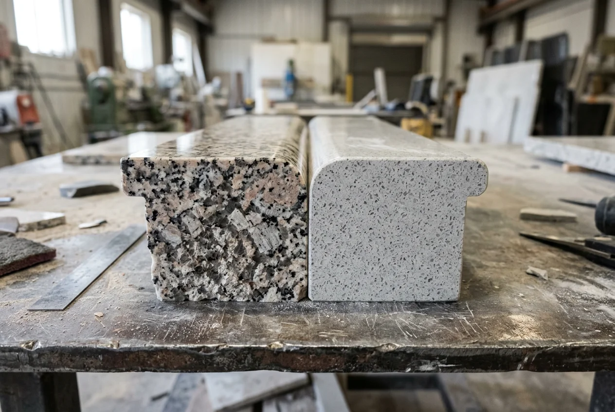 Close-up comparison of granite's natural mineral structure versus quartz's engineered aggregate at the cut edge