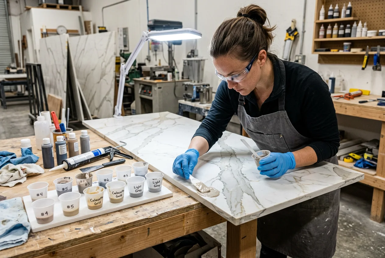 Fabrication technician color-matching seam epoxy to a quartz countertop slab for invisible seam fabrication
