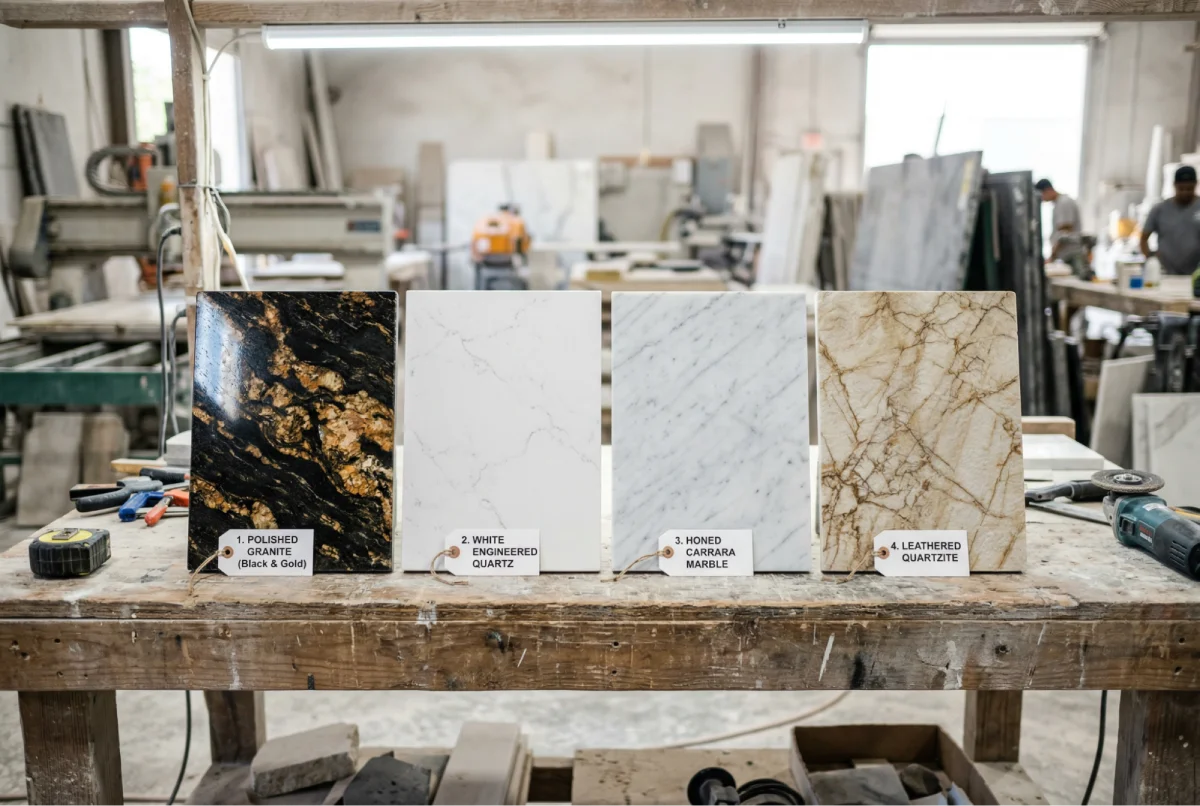 Side-by-side comparison of granite, quartz, marble, and quartzite countertop samples at a fabrication shop